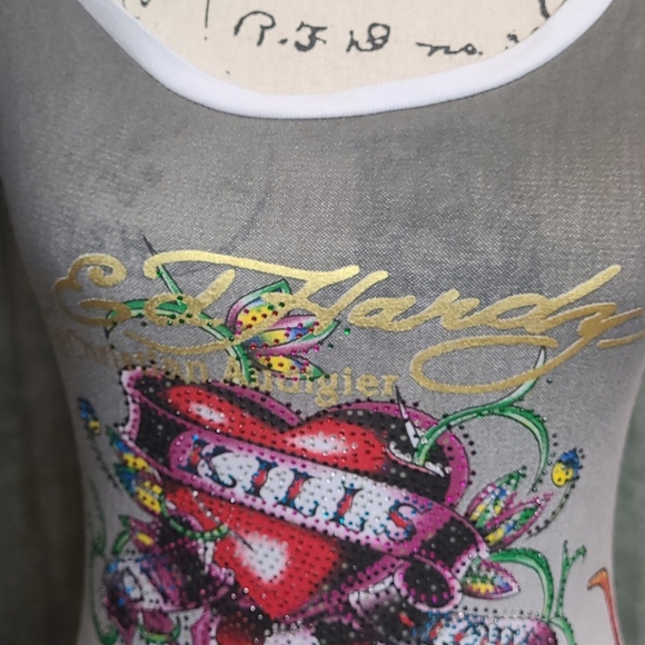 Ed Hardy extra long tee with logo and crystals Med - Picture 4 of 16